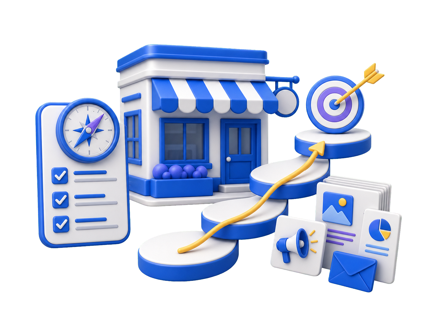 About Us Local storefront with a compass, checklist, target, and practical marketing materials