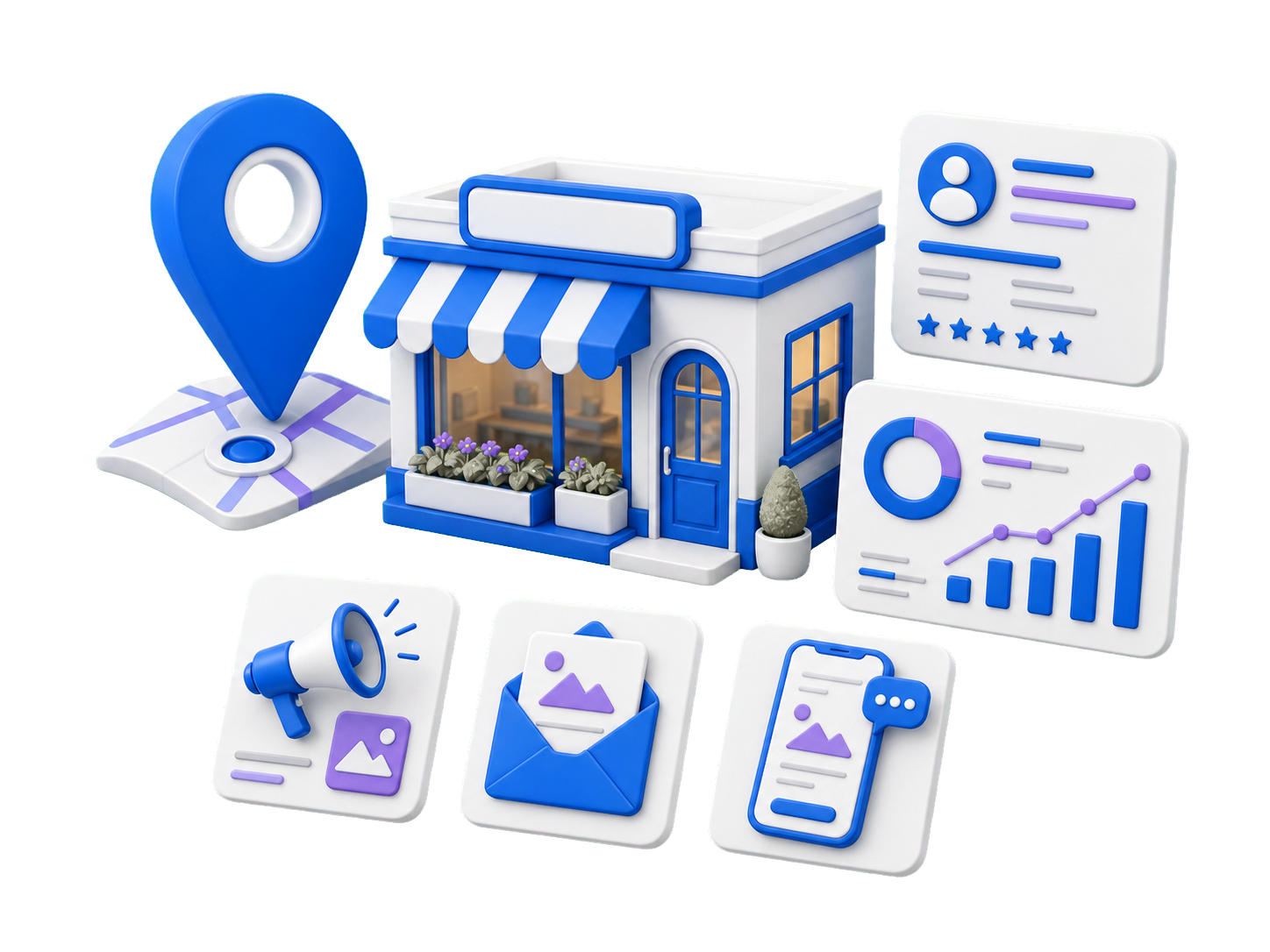 About Us Local storefront surrounded by a location pin, business profile, analytics, and ready-to-use marketing materials