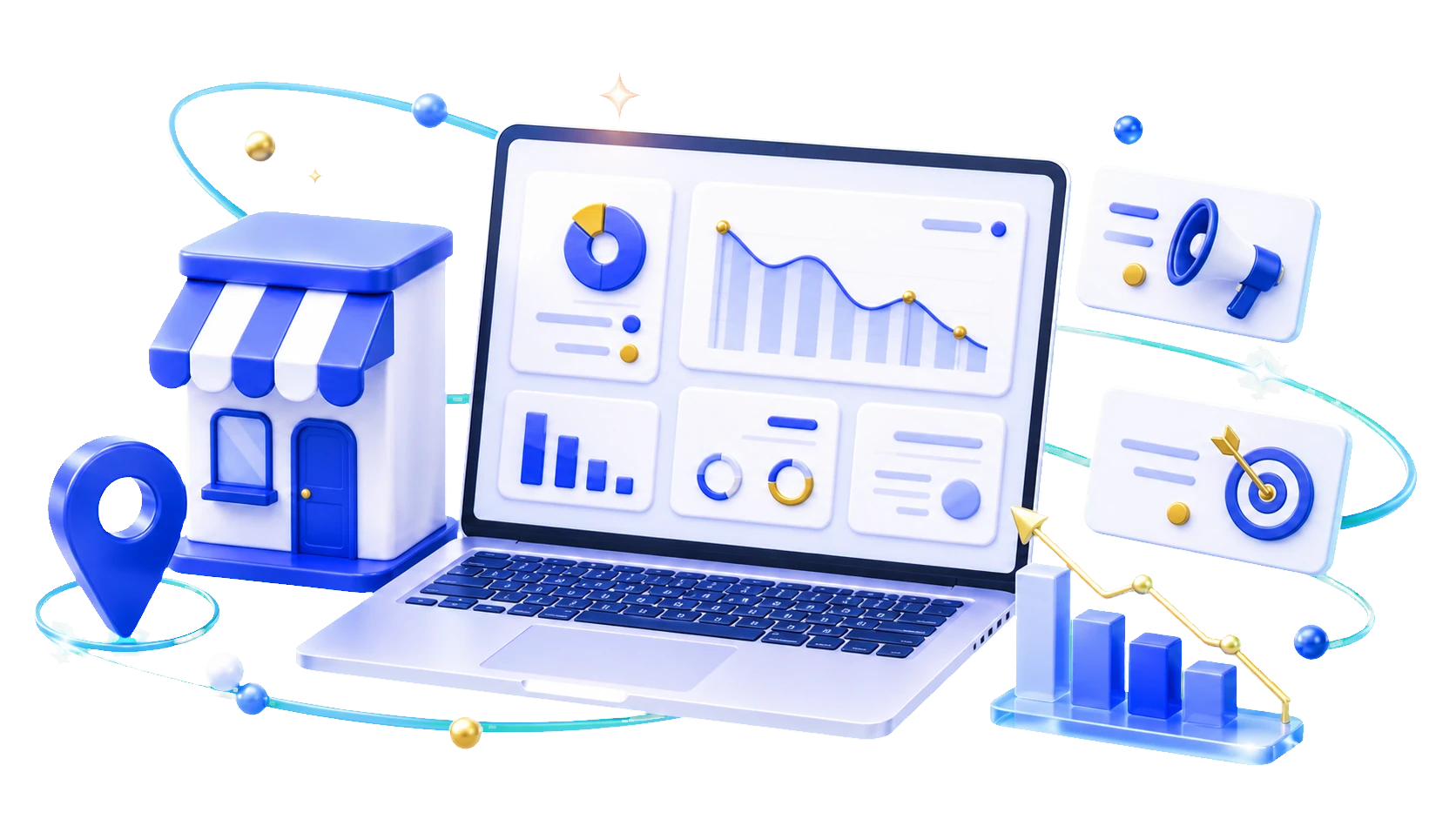 How It Works Local business marketing workflow with a storefront, dashboard, map pin, and campaign cards